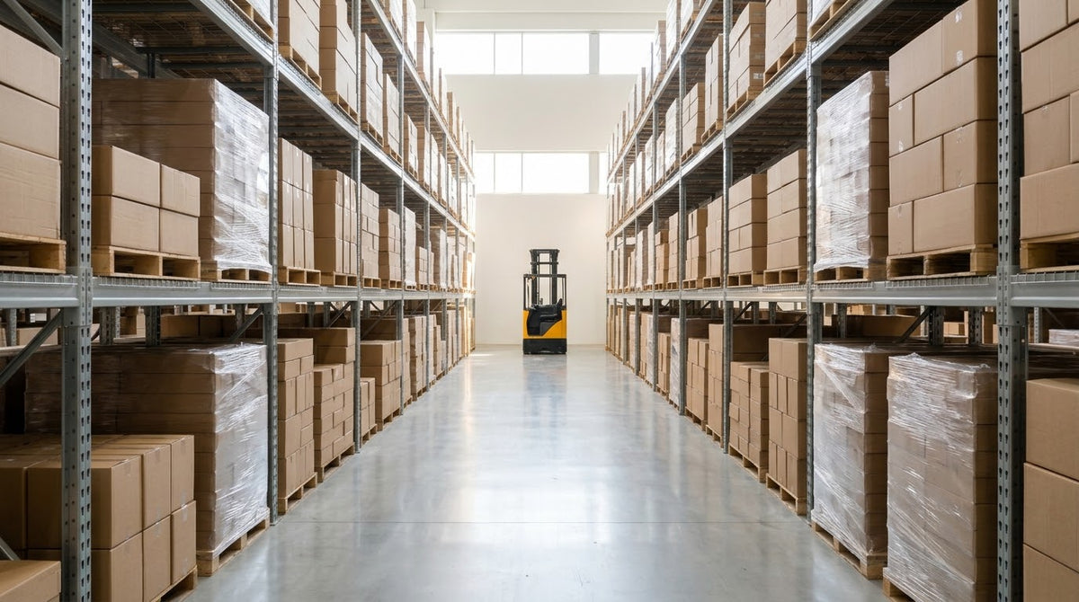 Organized flooring warehouse aisle with pallet racks of boxed flooring
