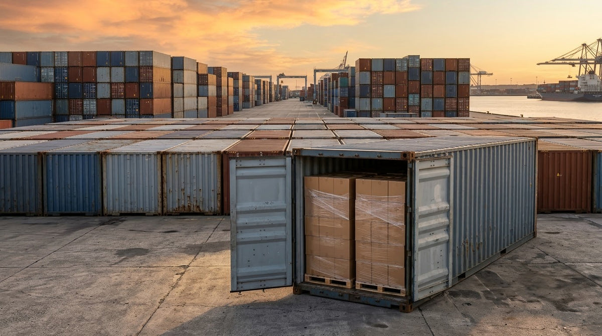 Container port at golden hour with an open container of wrapped pallets