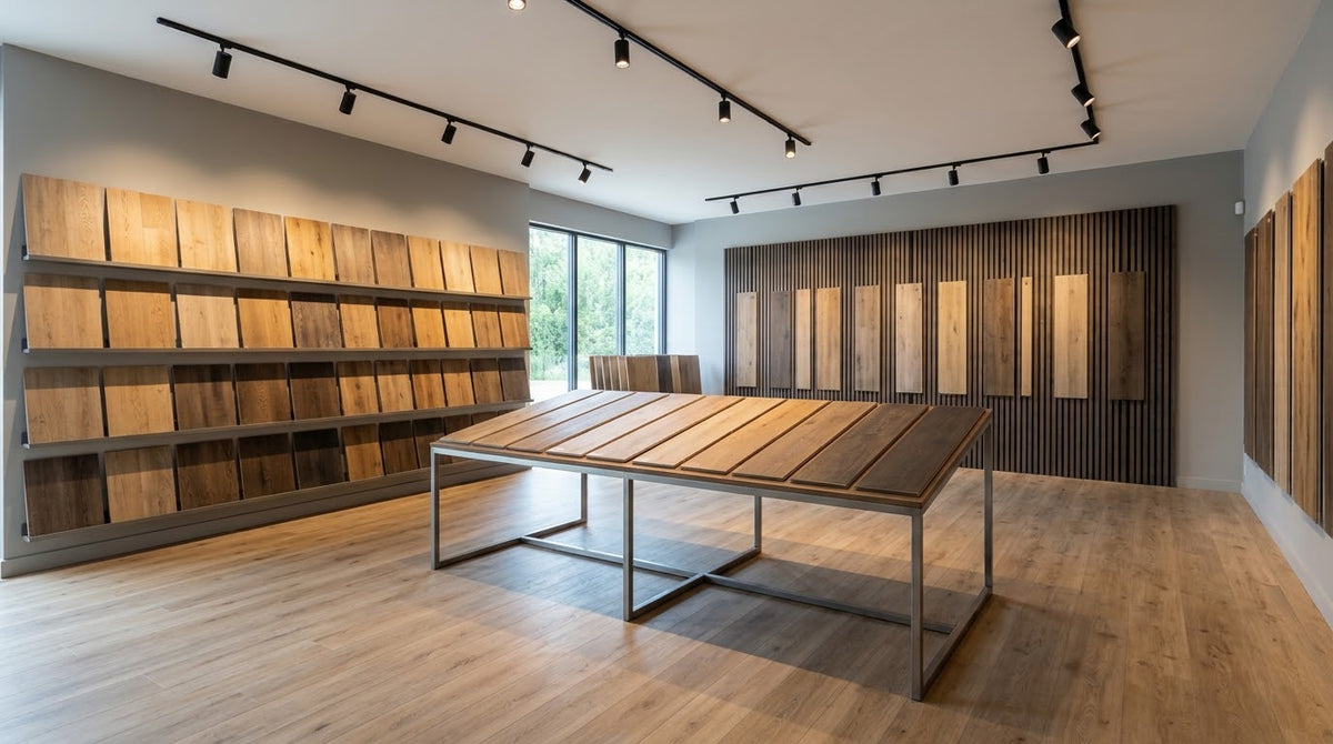 Flooring showroom with plank sample displays and a slat wall panel display