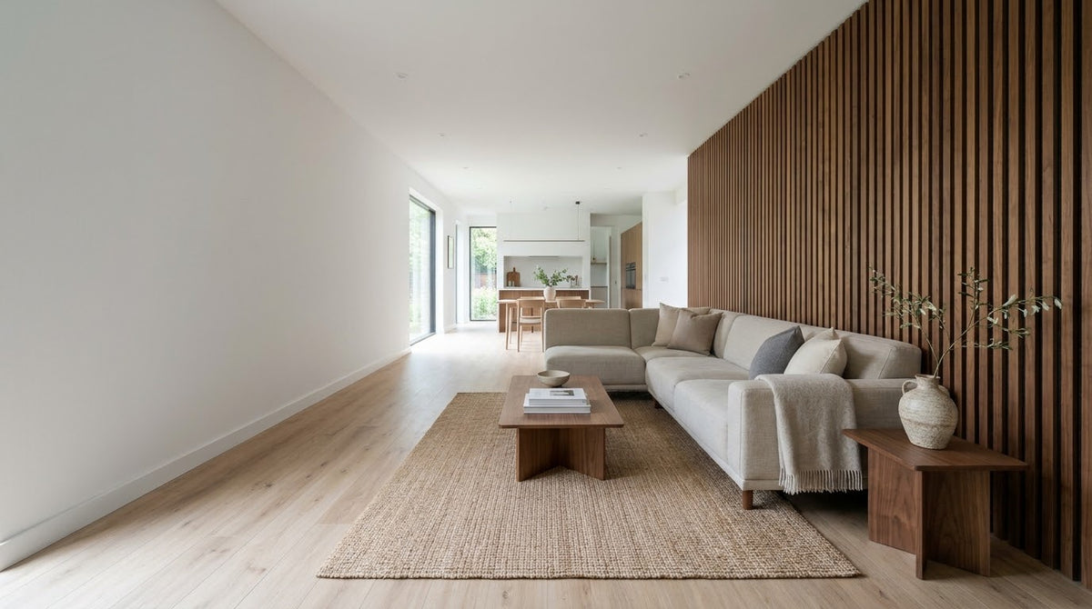 Modern living room with light oak plank floor and a walnut slat feature wall