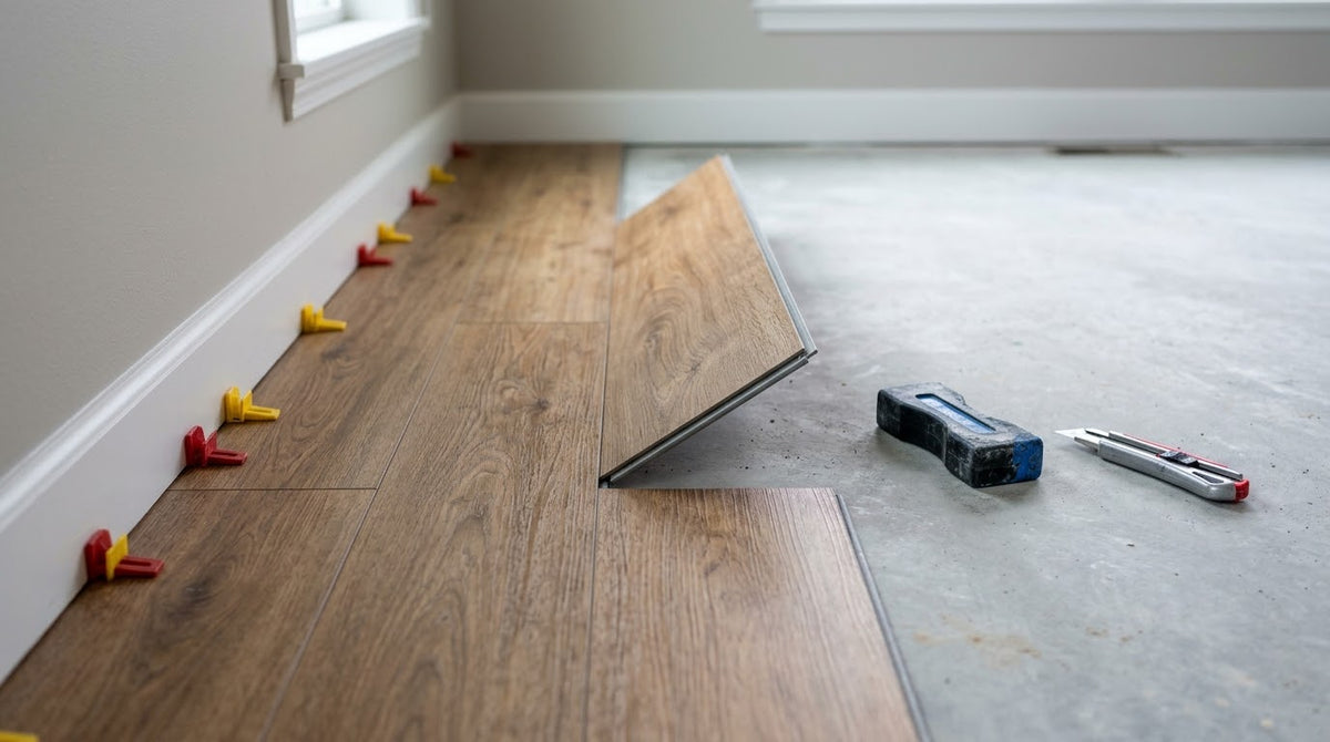 Click-lock vinyl plank being installed with spacers along the wall