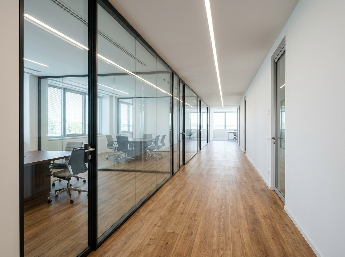 Office corridor with a warm oak glue-down vinyl plank floor