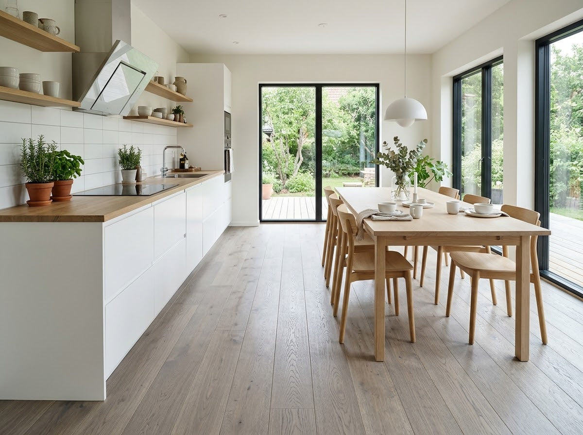 Bright kitchen and dining area with a light gray-oak plank floor