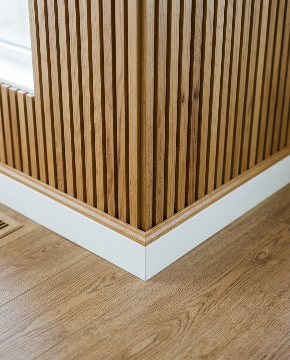 Oak vinyl plank floor meeting an oak slat wall with white baseboard and matching quarter round
